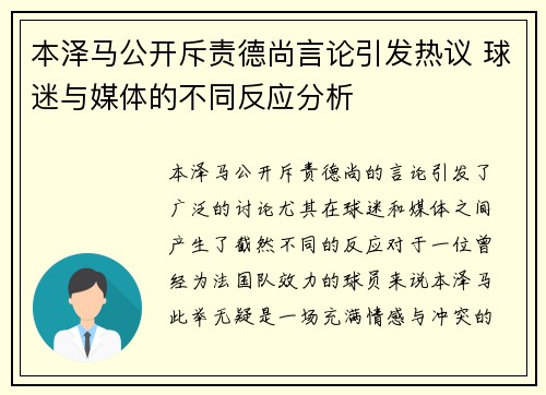 本泽马公开斥责德尚言论引发热议 球迷与媒体的不同反应分析